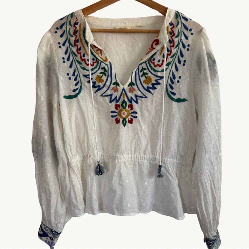 Anthropologie Forever That Girl Embroidered Peplum Peasant Blouse Top Medium - Picture 4 of 15